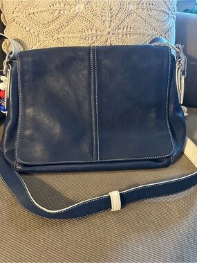 Coach Navy Leather Hampton Crossbody  Bag with White Accent Stitching
